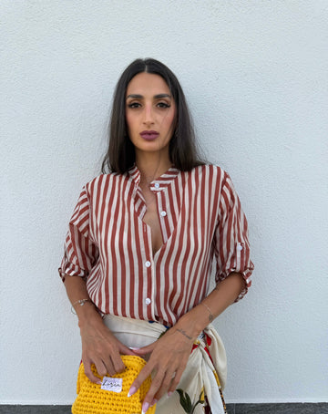 Camicia righe cammello/panna
