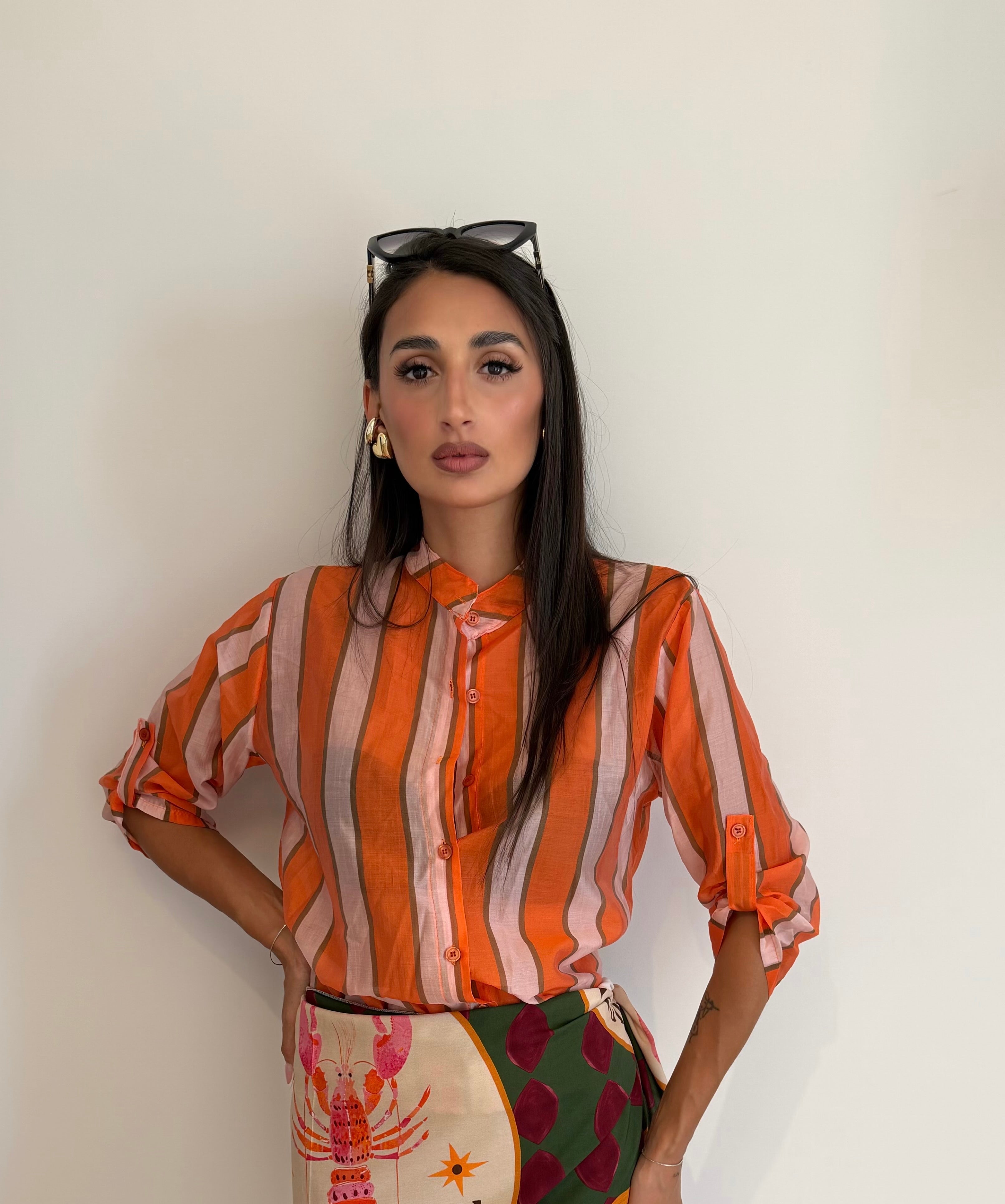 Camicia a righe arancio/rosa