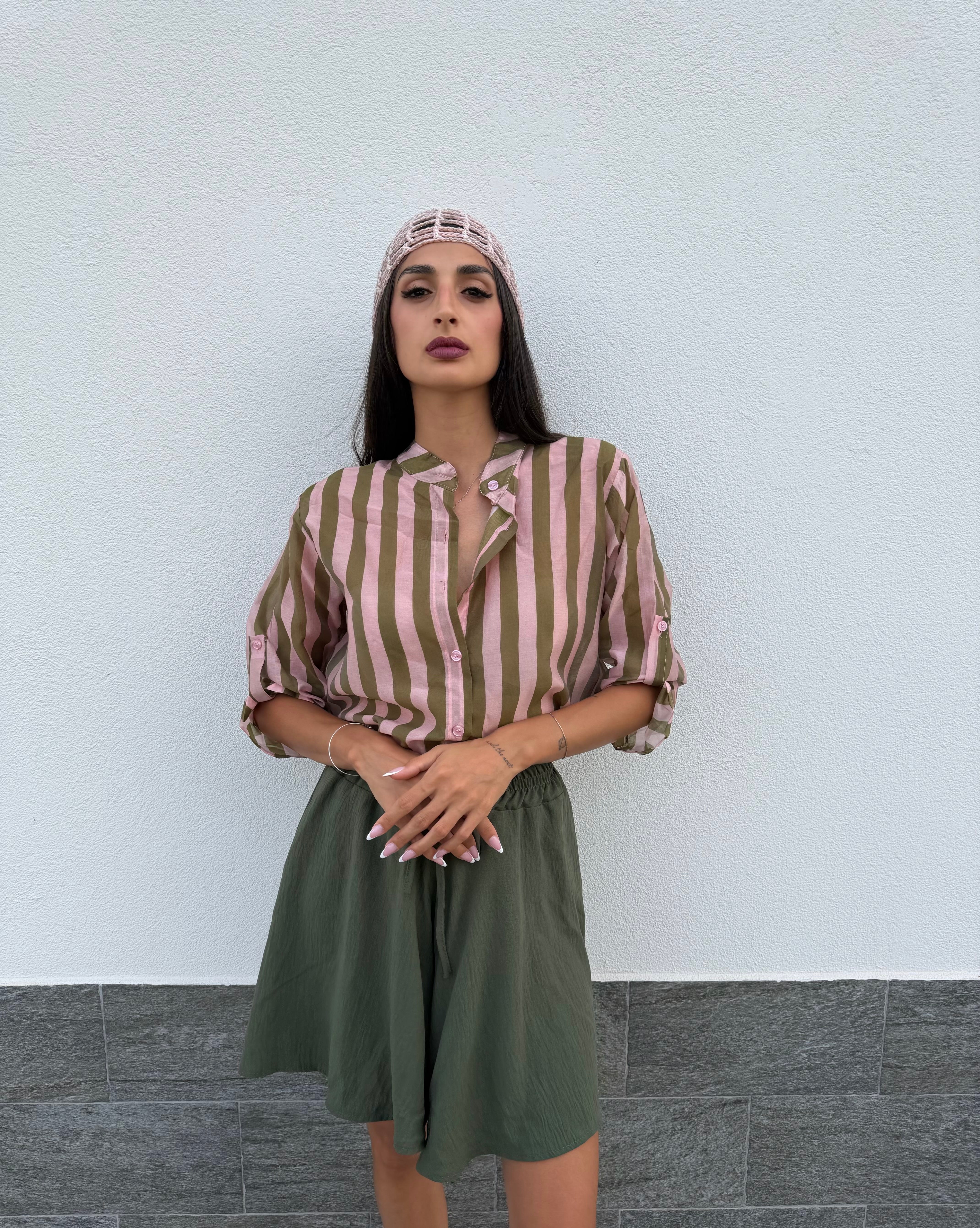 Camicia righe larghe verde militare/rosa